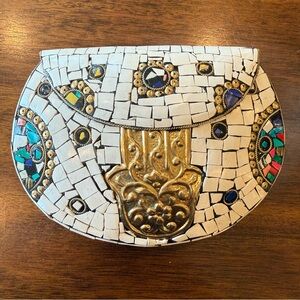 Ramla Handmade White Mosaic Clutch with‎ Shoulder Chain